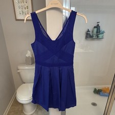 American Eagle Blue Eyelet Lace Fit Flare Mini Dress V-Neck Pleated Womens 2