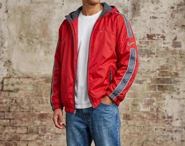 Vintage Nike Jacket 00s Red Fleece Lined Mens L Hooded Nylon Full Zip Jacket