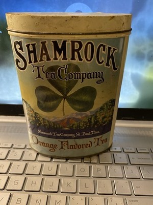 Vintage shamrock tin container with lid.Shamrock Tea Company Orange Flavored Tea