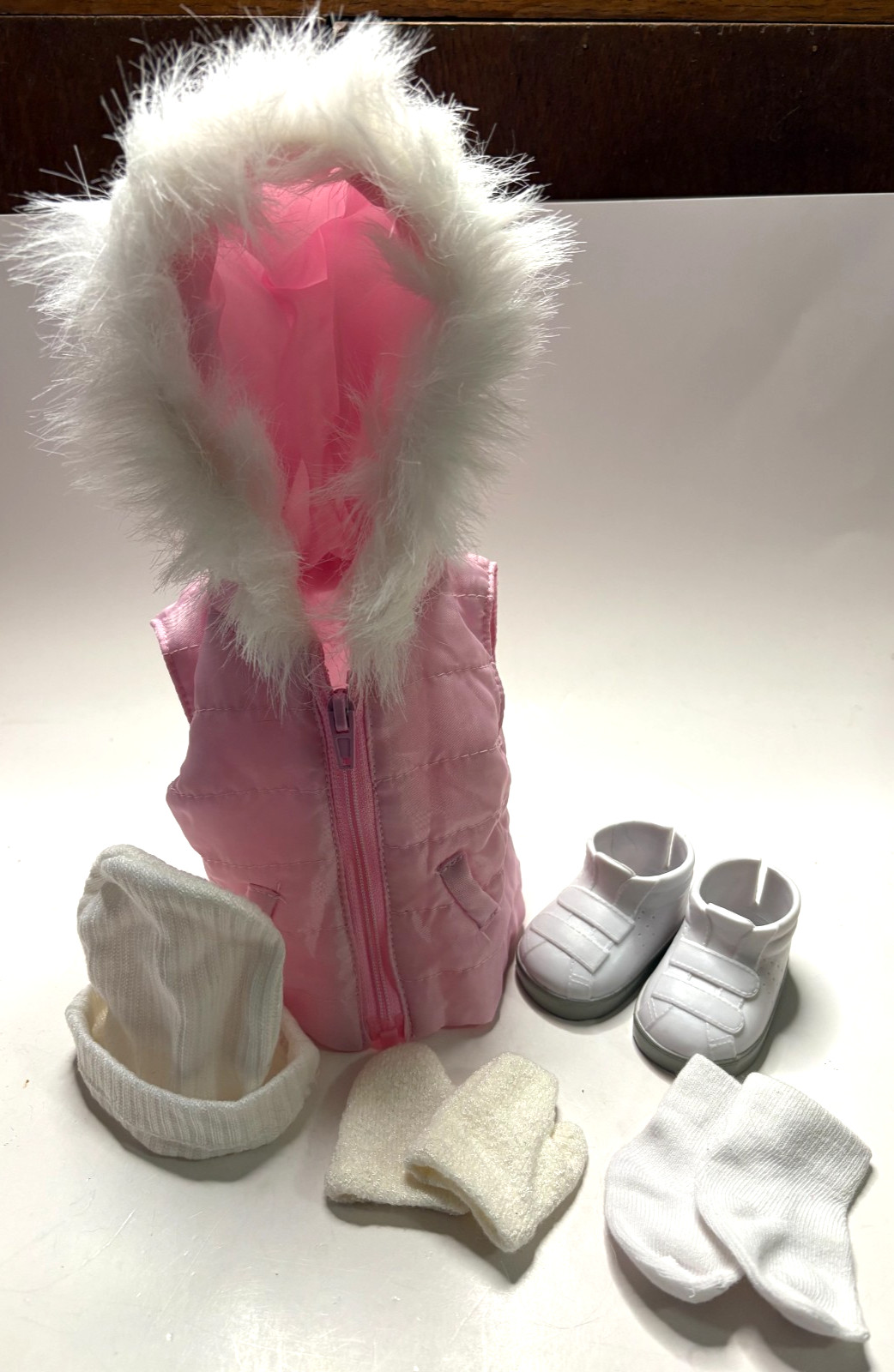 Emily Rose 18" Doll Hooded Vest + unmarked shoes, socks, hat