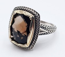Designer Sterling Ring, Size 9 Silver  Gold Smokey Faceted Quartz