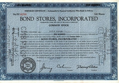 Bond Stores, Incorporated - Original Stoc Certificate - 1945 - TC16708