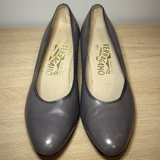 Salvatore Ferragamo Gray Leather Low Block Heel Classic Pumps