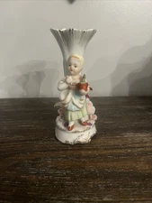 Ucagco Japan Vase Girl Bonnet Flowers Gold Gilt Mid Century Modern White 5.75”