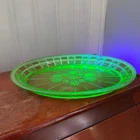 Vintage Uranium Green Depression Glass Oval Serving Platter Tray 12” Floral