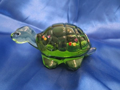 Fenton Hand Painted And Signed Green Glass Turtle