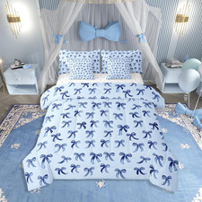 Blue Bow 7-Piece Bed in a Bag Full Size Teen Girl Coquette Bow Comforter Set wit