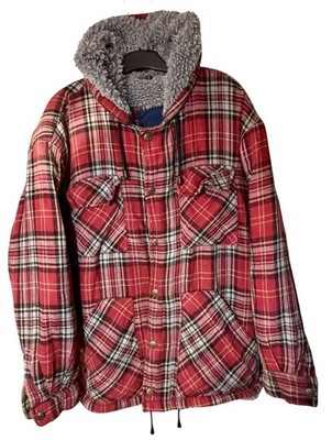 Basic Editions Red Plaid Hooded Sherpa Fleece Lined Flannel Shirt-Jacket Men's L