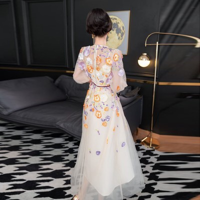 Women's Round Neck Short Sleeve Mesh Heavy Embroidery Flower Party Long  Dress | eBay