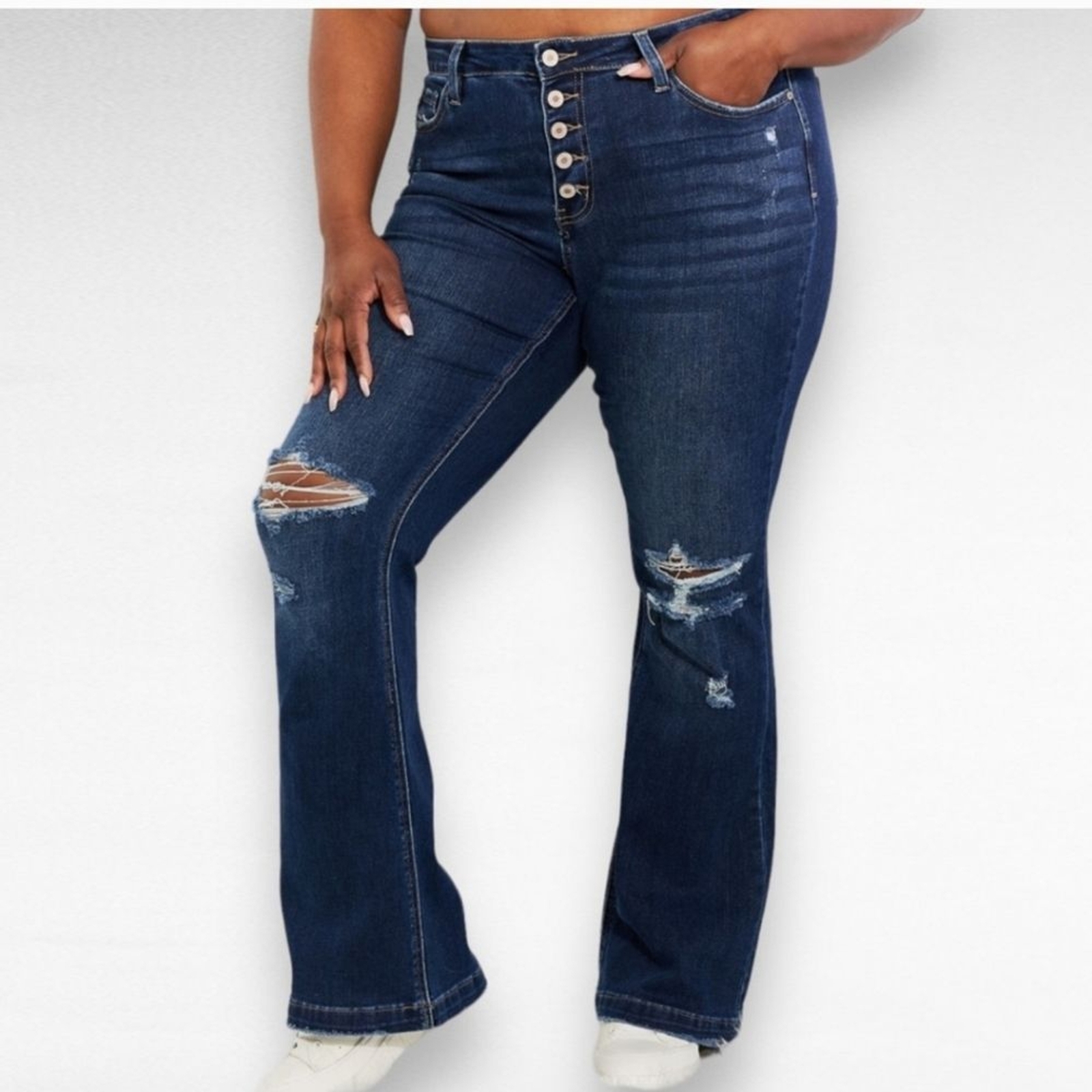 KANCAN Plus Size Reese Midrise Button Fly Distressed Flare Jeans Size