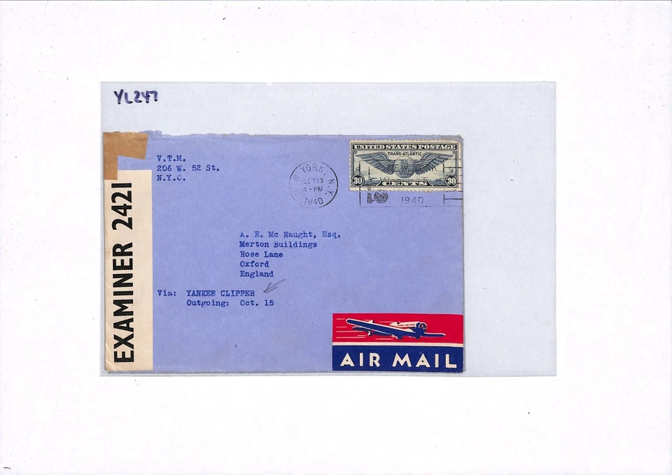 USA WW2 Clipper Air NYC *VTM* GB AGENT Merton College OXFORD UNIVERSITY YL247 - Image 3 of 4