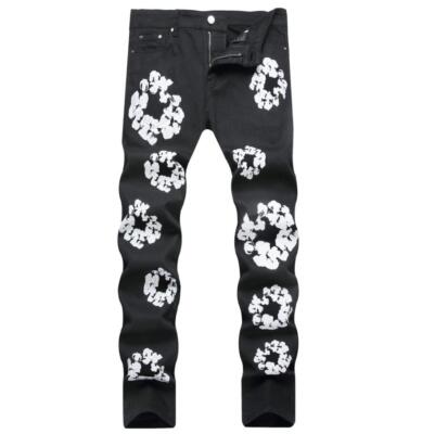 Mens Black Straight Leg Stretch White Floral Printed Punk Hip Hop Pants  Trousers