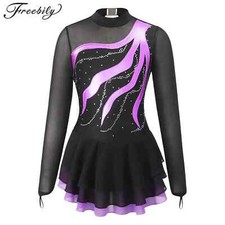 Kids Girls Long Sleeve Figure Skating Dress Shiny Rhinestone Sheer Mesh Dress
