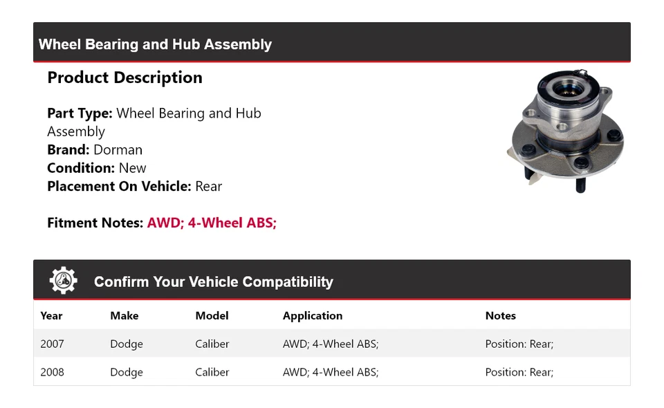 Conjunto de cojinete de rueda y buje trasero para Dodge Caliber AWD Dorman 2007-2008 Foto 2 de 4