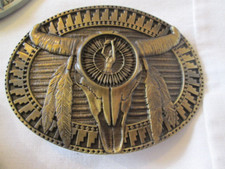 Southwestern Brass Tone Buffalo Skull  Feathers Buckle