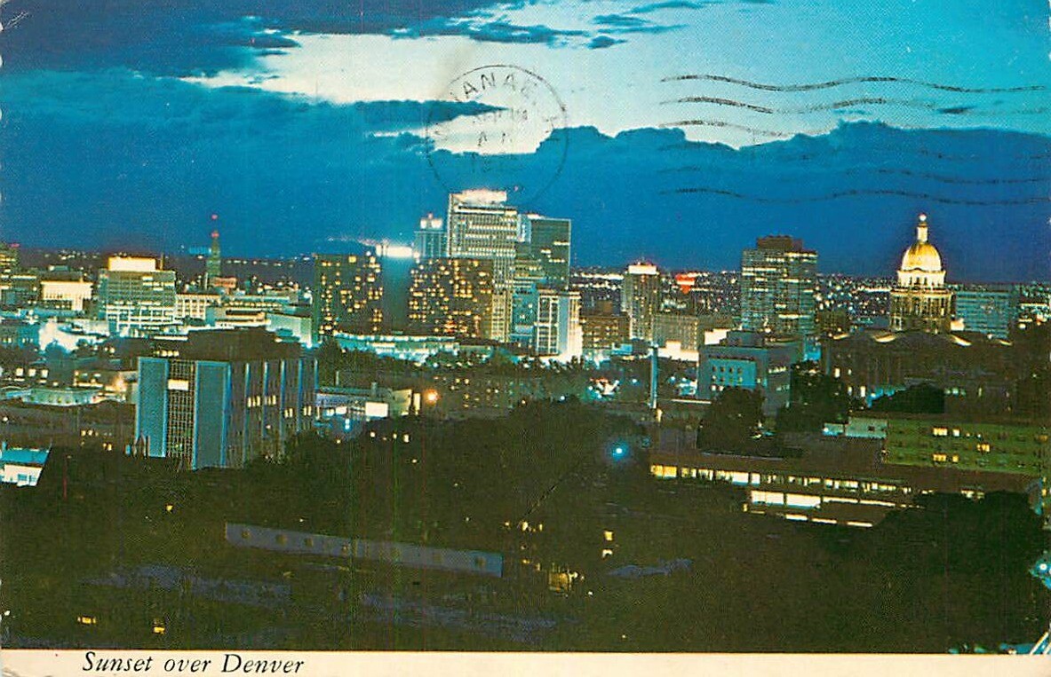 Postcard Sunset over Denver, Colorado City Skyline - used in 1975 