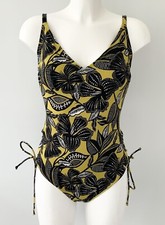 F F Mustard Yellow Black Floral Swimsuit UK 14