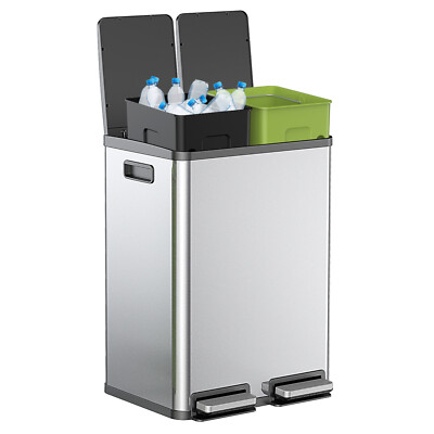 Kitchen Trash Can 60 Liter Stainless Steel Step-On Trash Bin with 2 Compartments