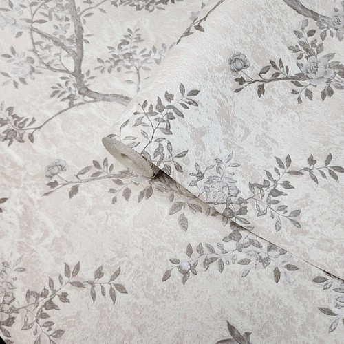 Floral tan gray gold metallic apple tree branches birds textured wallpaper rolls - Picture 10 of 12
