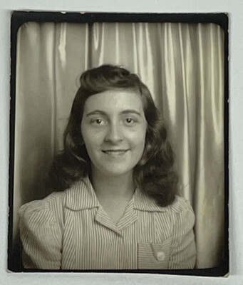 Vtg Photo Booth Photo Pretty Brunette Wearing Striped Dress and Sweet Smile