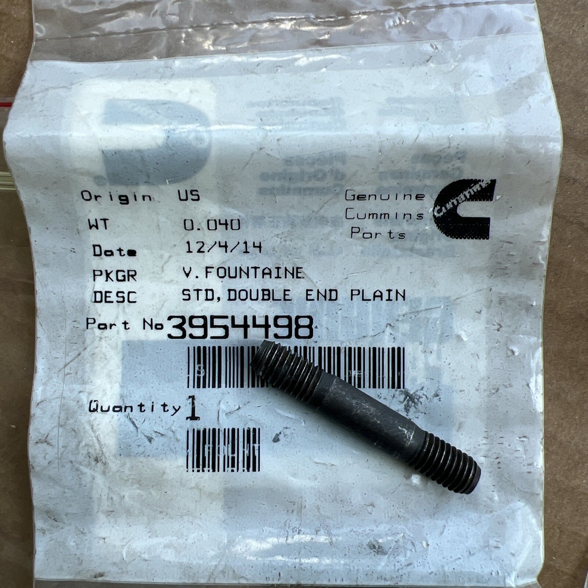 Genuine Cummins 3954498 STUD DOUBLE END PLAIN 6.7 liter ISB