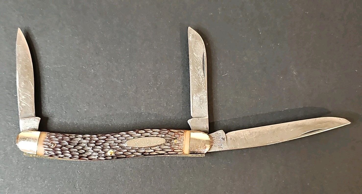 Vintage Ka-Bar 1108 USA 3 Blade Stockman Pocket Knife Jigged Bone Handles