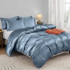 5 Pieces Satin Duvet Cover Set King Size Dusty Blue Duvet Cover with Corner T...