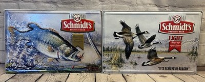 Vintage Schmidt s Beer Signs Lot Of 2 Bass Fishing Geese Hunting Embossed Tin
