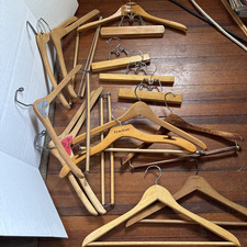 Lot Of 14 Vintage  Antique Wooden Suit Hangers and Trouser Clamp Hangers