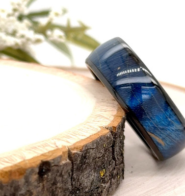 Polished 8mm Blue Tungsten Ring Featuring Sky Blue Fiber Inlay   Christmas Style
