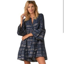 Vestido Elan Clara Azul Marino/Dorado Metálico Geométrico Manga Campana Vestido en Niveles Talla M