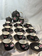 25 PC CROWN BAVARIA BLACK MATTE PINK FLOWER DEMITASSE OR TEA SET - FREE SHIP