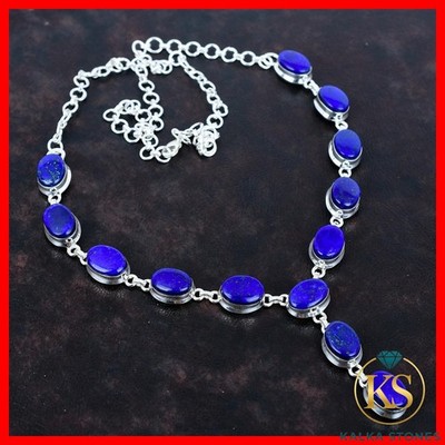 925 Silver Oval Lapis Lazuli Stone Chain Daughter Unique Bezel Handmade Necklace