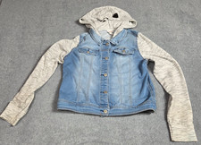 Cat Jack Girls XL 14/16 Hooded Denim Jacket w/ Gray Knit Sleeves Jean Hoodie