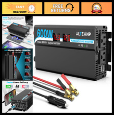 600W Pure Sine Wave Power Inverter 12V DC to 120V AC, 2 AC Outlets, USB Ports, L