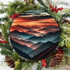 1pc 7.87-Inch Round Aluminum Metal Wall Art - Mountain Sunset Red Orange Leaves,
