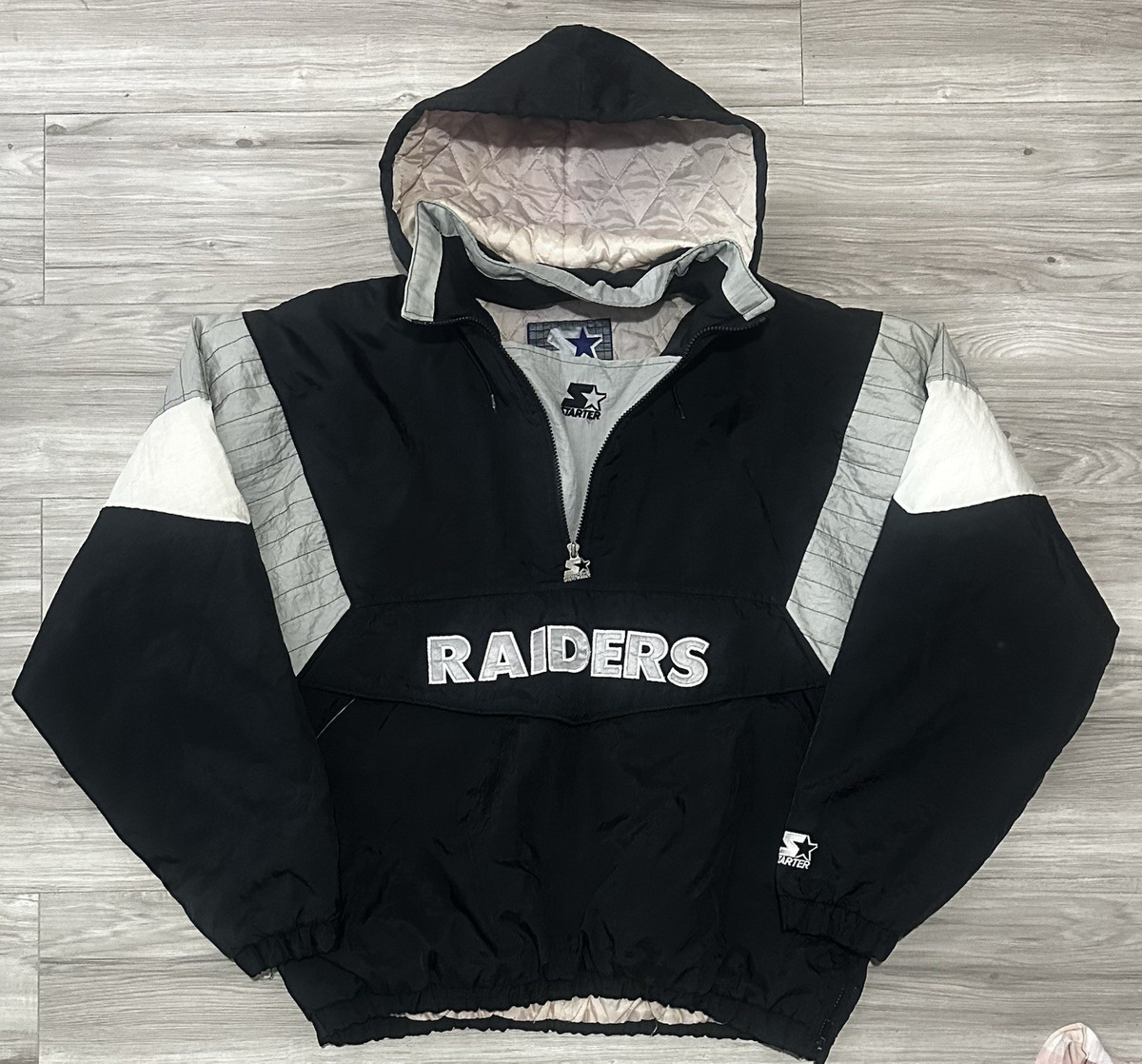 Vintage 90s Starter Oakland Raiders NFL Hooded Jacket Black Gray