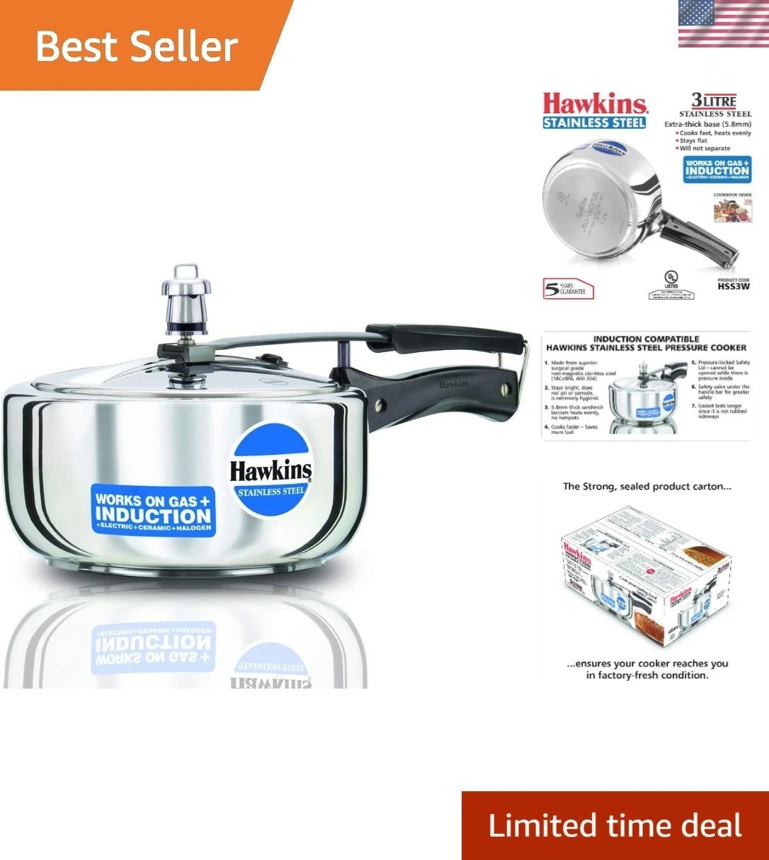 Elegant 3L Stainless Steel Pressure Cooker, Dishwasher Safe 