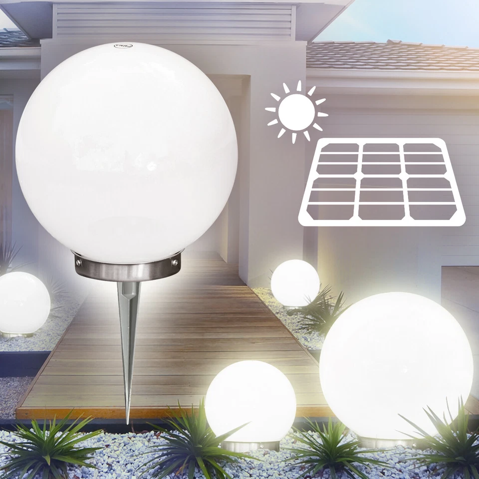 Solar Kugelleuchten Set 15cm & 30cm Veranda Lampe Edelstahl Wege Aussen Lampen - Bild 2 von 3