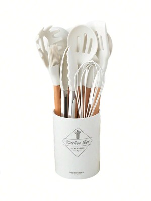 12PCS Silicone Kitchen Utensil Set - Non-Stick Cooking Tools with Wooden Handles
