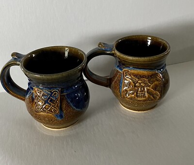 Pair of Coffee Mugs Golden Brown & Blue Speckled Stoneware Skull head CrossBones