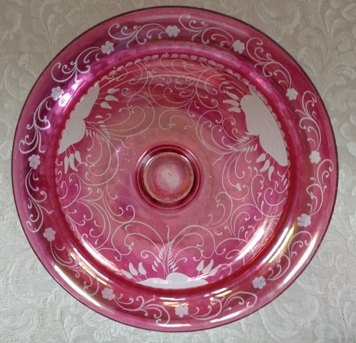 Venetian Ruby Red Hand Blown Glass Bowl with Floral Etching Original Early 70’s - Picture 11 of 12