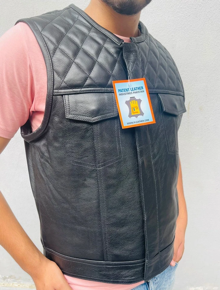 Men Classic Black Motorcycle Biker Style Genuine Real Leather waistcoat Vest - Image 3 of 4