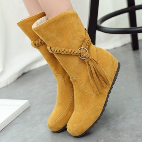 Women's Solid Tassels Faux Suede Ankle Boots Pull On Hidden Wedge Casual Shoes - Picture 1 of 26