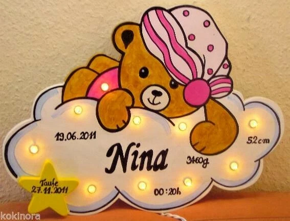 HANDGEFERTIGT SCHLUMMERLICHT TRAUMBÄR Geschenk BABY GEBURT TAUFE HOLZ NAMEN LAMPE handmade