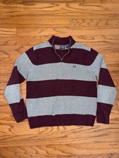 Vintage 90s Y2K Chaps by Ralph Lauren Gray Burgundy Striped Knit Sweater Large