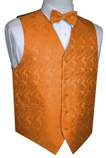 MEN'S ORANGE PAISLEY TUXEDO VEST & BOW-TIE Formal Wedding Prom Cruise Homecoming