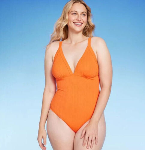 Shade & Shore Damen Ripp Triangel Einteiler Badeanzug Orange M (8-10)