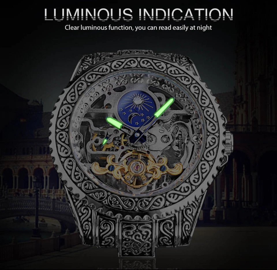 Relojes mecánicos Forsining esqueleto tallado tourbillon esfera lunar reloj para hombres Foto 3 de 4