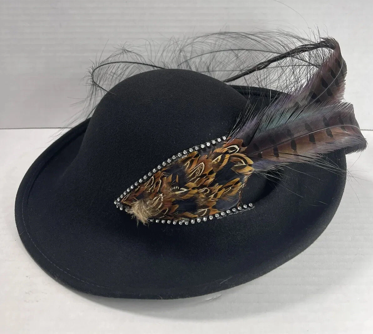 Vtg 80s 90s Rhinestoned Feather Plume Velour Felt Wool Church Derby Hat Womens Derby Brown Vintage Hats for Women for sale | eBay main image 4